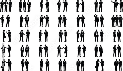 Set of black vector business silhouettes featuring professional men and women in suits talking, shaking hands, and collaborating for corporate office design and networking.