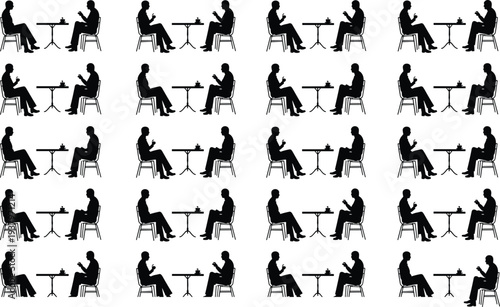 Set of black vector silhouettes featuring two men sitting at a table, talking, and drinking coffee for restaurant, cafe, and social interaction design elements.