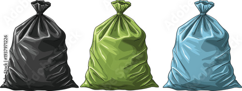 Plastic garbage bags collection in black, green and blue colors, waste disposal trash bag vector illustration set