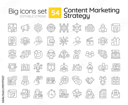 Content marketing strategy line icons set. Customer communication, product promoting. Workflow organization. Isolated vector outline illustrations. Thin lineart iconset symbols. Editable stroke