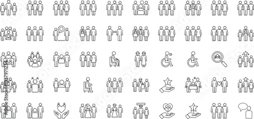 Set of line vector icons featuring people, family, diverse community, accessibility, disability support, team collaboration, business partners, elderly care, and social relationship symbols 