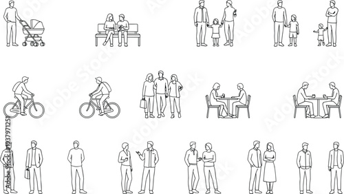Set of minimalist line vector illustrations featuring people walking, cycling, sitting, family groups, couples talking, and urban lifestyle activities for architectural and flat design.