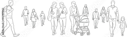 Set of minimalist line vector illustrations featuring diverse people walking, families with strollers, friends talking, and urban lifestyle activities for architectural and flat design.
