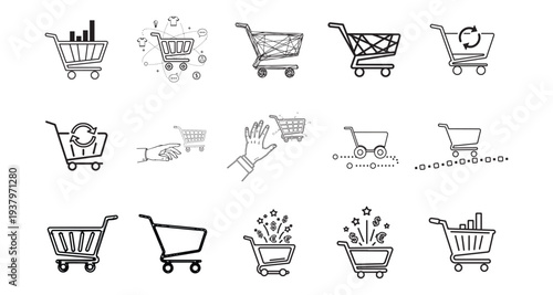 Collection of diverse shopping cart icons illustrating e-commerce and online shopping concepts.