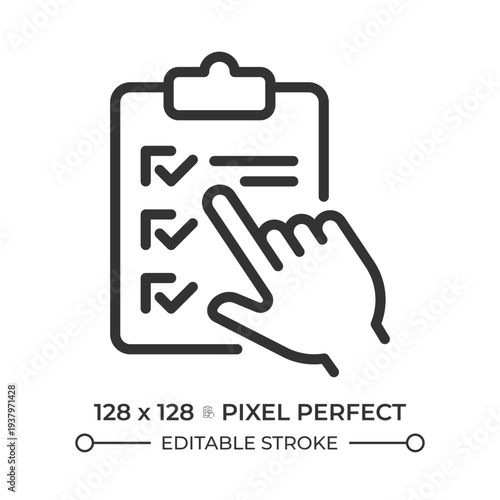 Survey checklist pixel perfect line icon. Task management, todo list. Checked boxes. Performance analysis. Isolated vector illustration. Outline symbol. Simple linear drawing. Editable stroke