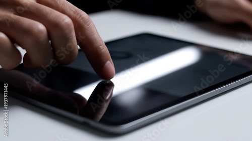 Fingers Swiping Tablet Screen Macro Sharp Reflections Studio Lighting.