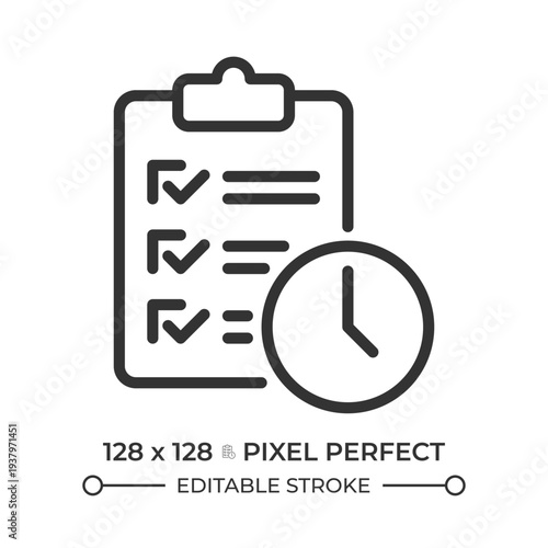 Checklist with clock pixel perfect line icon. Time management, planning clipboard. Todo list. Daily routine. Isolated vector illustration. Outline symbol. Simple linear drawing. Editable stroke
