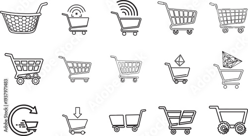 Collection of Diverse Shopping Cart Icons Representing Various E-commerce Concepts and Functions
