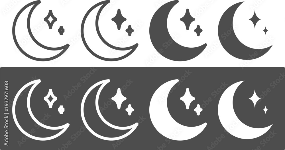 Obraz premium Set of dark mode crescent moon icons with sparkling stars for design use and illustration