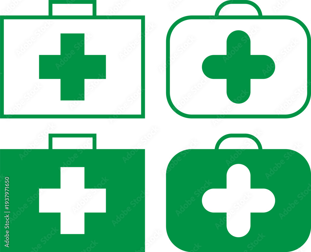 Fototapeta premium Set of four green first aid kit icons with white crosses arranged in a simple design