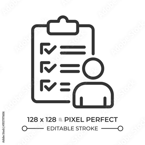 Respondent profile pixel perfect line icon. Employee evaluation. Performance reviews, personal requirements. Isolated vector illustration. Outline symbol. Simple linear drawing. Editable stroke