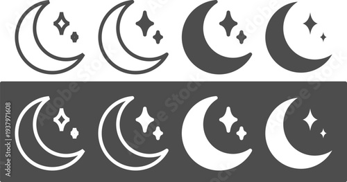 Set of dark mode crescent moon icons with sparkling stars for design use and illustration