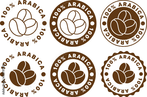 Brown round badges of Arabica coffee beans showing a brand logo with text for marketing