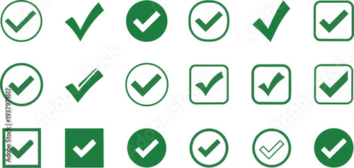 Collection of various green checkmark icons in different shapes and styles for approval and confirmation