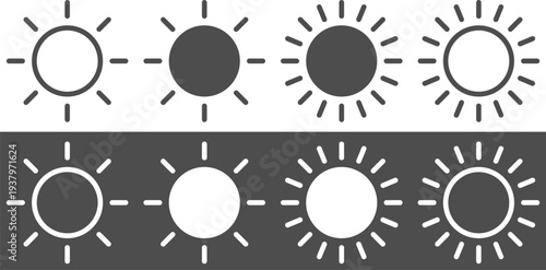 Dark mode sun icons with rays in filled outline styles on a simple background