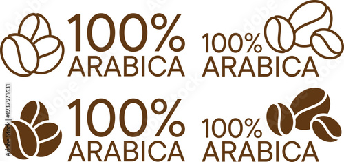 Set of Arabica coffee badges with beans and leaves in brown color design
