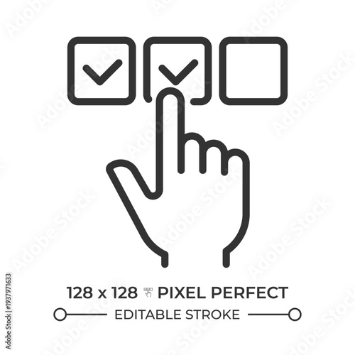 Multiple choice pixel perfect line icon. Pointing index finger. Checked boxes. Decision making. Isolated vector illustration. Outline symbol. Simple linear drawing. Editable stroke