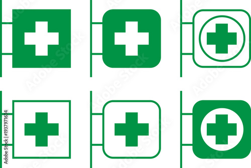 Set of six green medical cross armband icons shown in various shapes and designs for health purposes