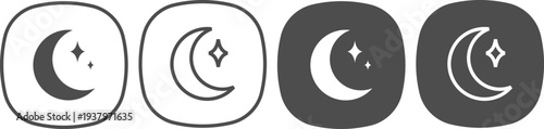 Set of dark mode moon and star icons showing a crescent with sparkles and different styles