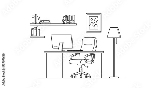 Modern office interior black white line sketch with desk computer chair and shelves vector