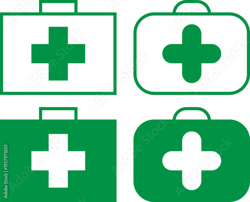 Set of four green first aid kit icons with white crosses arranged in a simple design