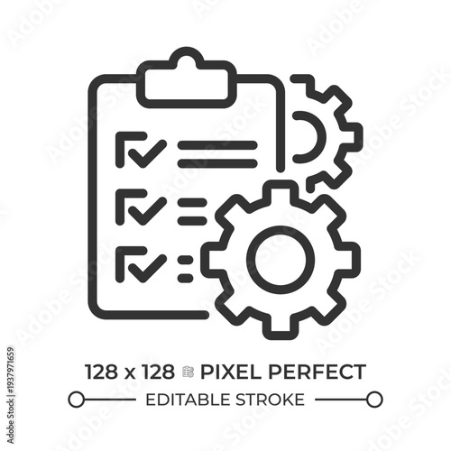 Survey process pixel perfect line icon. Process management, operational efficiency. Technical workflow. Isolated vector illustration. Outline symbol. Simple linear drawing. Editable stroke