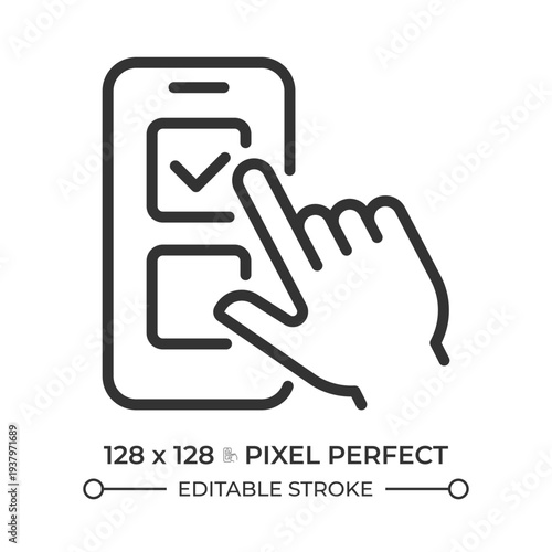 Mobile survey pixel perfect line icon. Online voting, decision making. Check list, questionnaire completion. Isolated vector illustration. Outline symbol. Simple linear drawing. Editable stroke