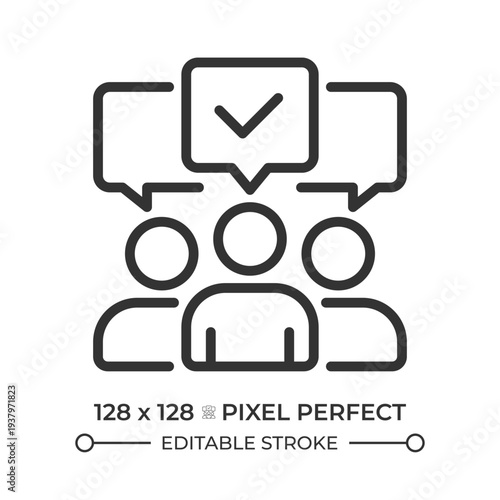 Social opinion pixel perfect line icon. Group discussion, team agreement. Public opinion, decision making. Isolated vector illustration. Outline symbol. Simple linear drawing. Editable stroke