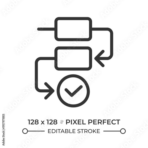 Process flow pixel perfect line icon. Logical workflows, professional growth. Sequential tasks, career paths. Isolated vector illustration. Outline symbol. Simple linear drawing. Editable stroke