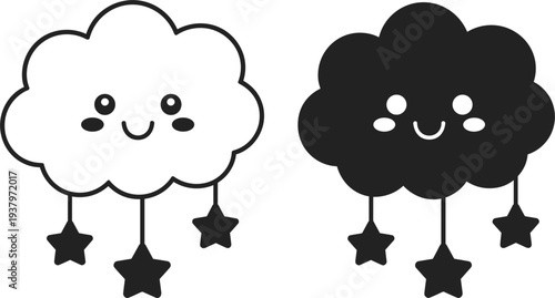 Cute Little Cloud Character with Smiling Face and Hanging Stars Vector Icon for Kids Creative Design