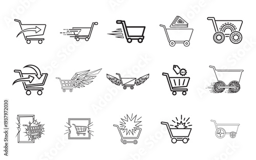 Collection of shopping cart icons representing various online shopping and delivery concepts.