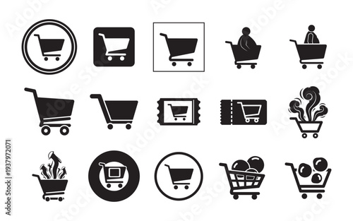 Collection of shopping cart icons representing various e-commerce and retail concepts.