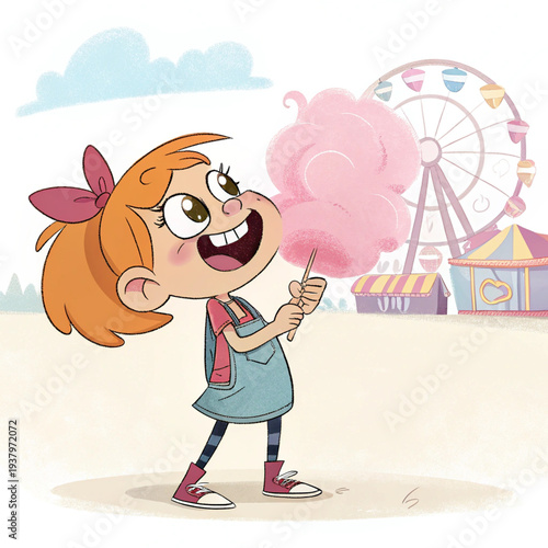 Cartoon girl eating pink cotton candy at amusement park