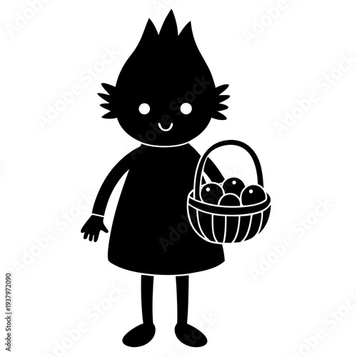 Black silhouette cartoon character holding basket of fruit