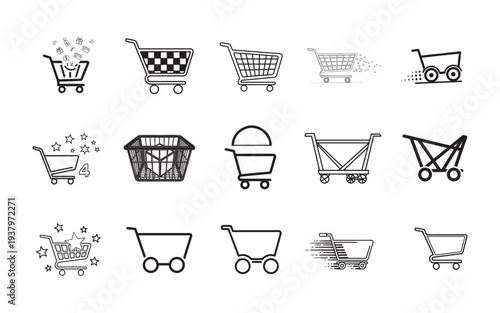 Collection of Various Shopping Cart and Basket Icons Representing Commerce and Shopping