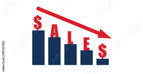 Downward stepping Red arrow. Arrow with Blue stairs, step to down sales vector illustration on white.Loss in Business concept.