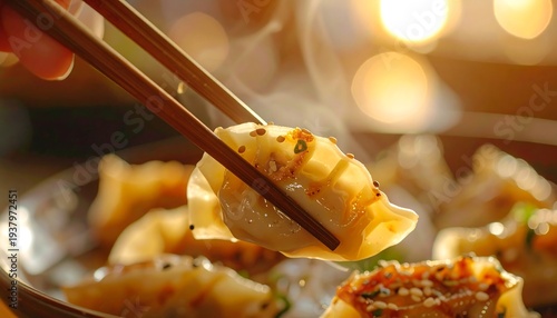 Steaming dumpling lifted with chopsticks from a plate of other dumplings, with a warm, blurred background