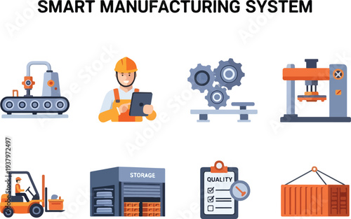 Illustration of a smart manufacturing system It has icons of factory elements like machinery workers storage and transport