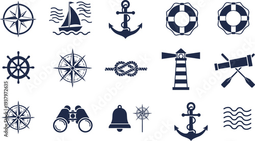 Large Collection of Nautical Vector Silhouette Icons Featuring Anchors Compass Rose Lighthouse Sailboat Lifebuoy Steering Wheel Binoculars and Marine Navigation Symbols for Coastal Design
