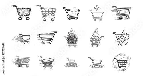 Diverse collection of shopping cart icons representing e-commerce and online shopping.