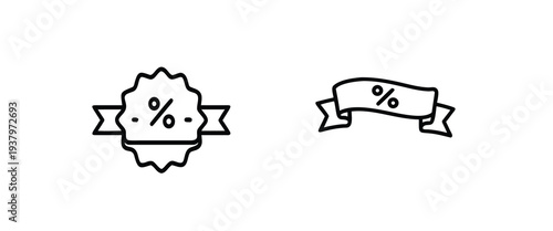 Discount ribbon and sale tag line icon set with percentage symbol, promotional badge label, special offer sticker, retail marketing banner more vector illustration or editable stroke.