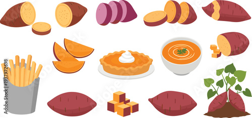 Sweet Potato Harvest and Culinary Set Featuring Whole Sliced and Cooked Fries Soup and Pie
