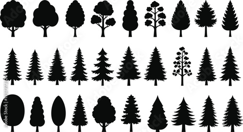 Large collection of tree silhouettes isolated on white background, mixed deciduous and evergreen forest shapes for landscape design, botanical vector icon set