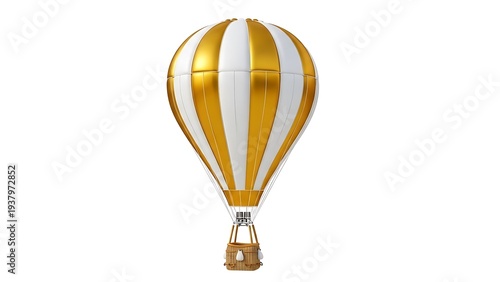 Hot air balloon with gold and white stripes and wicker basket isolated on white background