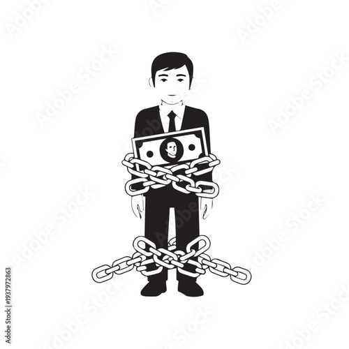 Businessman Chained With Money Symbolizing Debt and Financial Burden Stock Illustration