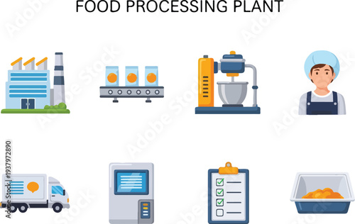 Illustration depicting food processing with factory conveyor worker mixing machine truck machine checklist and food