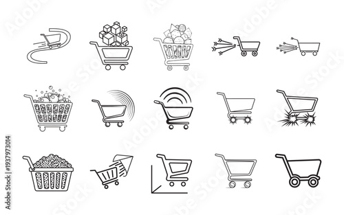 Diverse Shopping Cart Icons Representing Various Online Shopping and Delivery Concepts