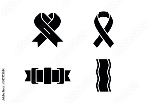 Set of ribbon vector black icons. awareness ribbon illustration on white background