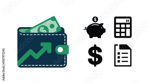 Digital wallet finance concept with money cash savings piggy bank dollar symbol calendar financial planning budgeting payment and personal finance management icons