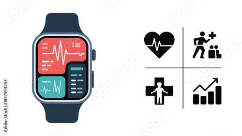 Smartwatch health monitoring interface with heart rate ECG fitness tracking dashboard wearable technology digital health analytics icons modern smartwatch app concept
